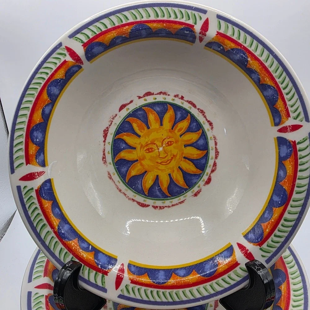 Gibson China Sunface Cereal Bowls Set of 6 White Blue Yellow Celestial Sun 8in